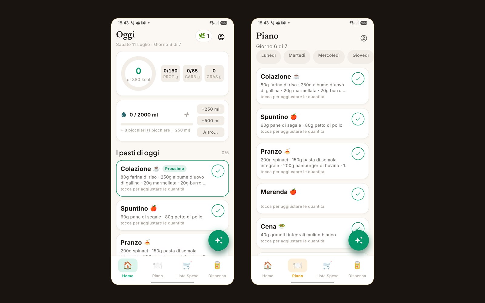 Planu Android app — the Today screen with calorie ring, water tracking and meal list, next to the 7-day plan view